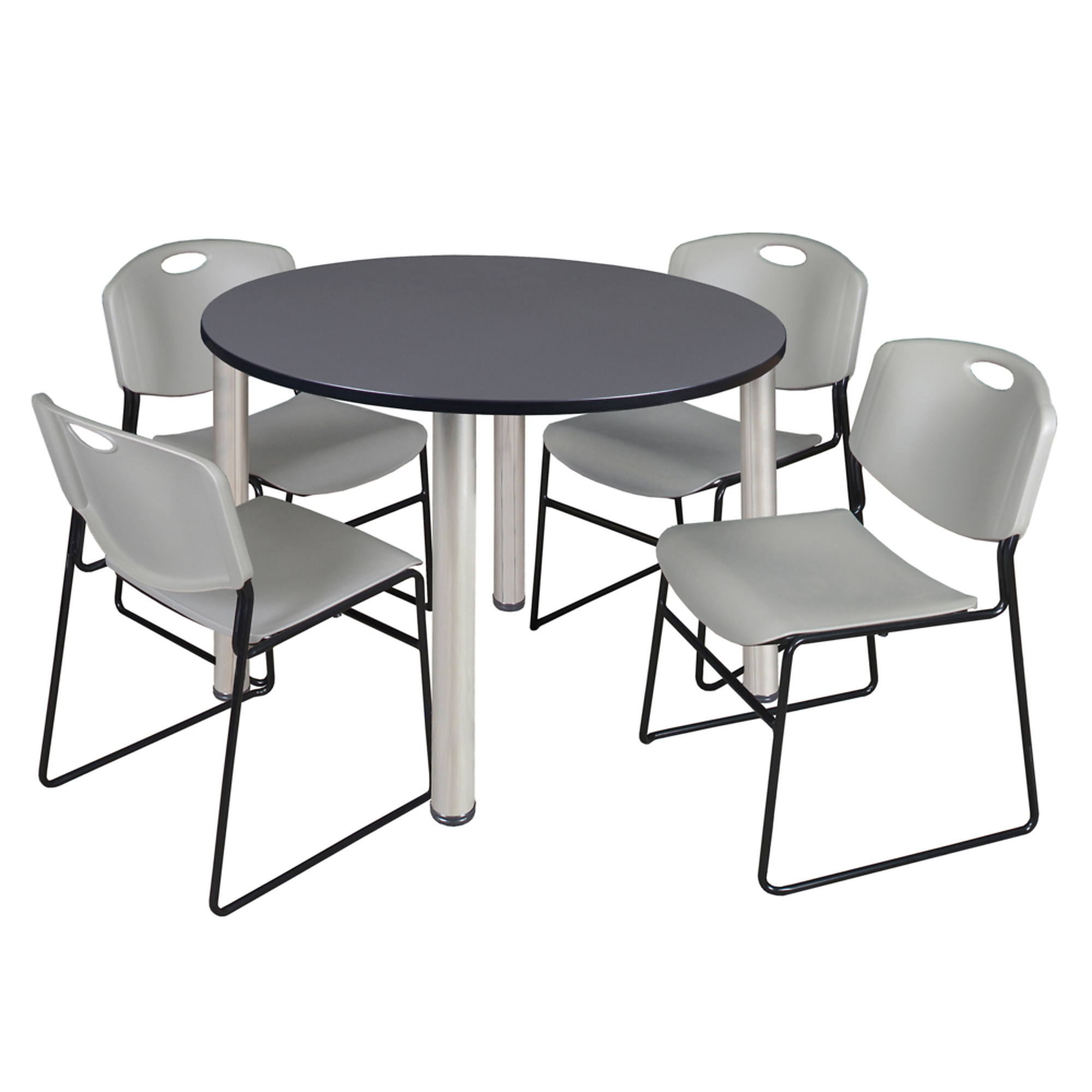 Regency Kee Round Breakroom Table Set — 48in., Grey Top, Chrome Legs, 4 Grey Zeng Stack Chairs, Model# TB48RNDGYBPCM44GY